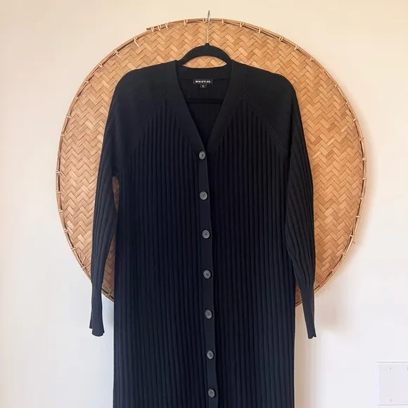BLACK WHISTLES RIBBED V-NECK NELLY CARDIGAN SWEATER DRESS COTTON BLEND