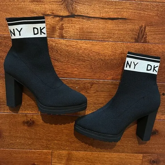 Black DKNY Tessa Sock Ankle Monogram Boots
