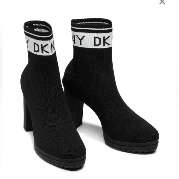 Black DKNY Tessa Sock Ankle Monogram Boots