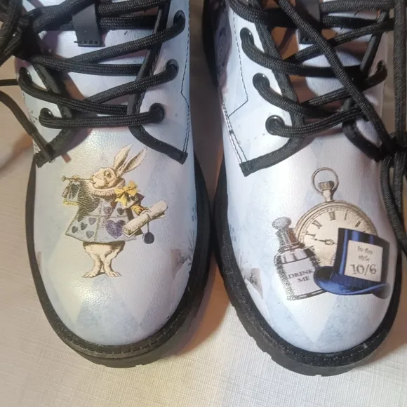 Blue Alice in Wonderland Boots White Rabbit Mad Hatter Combat Boots Size 38 7