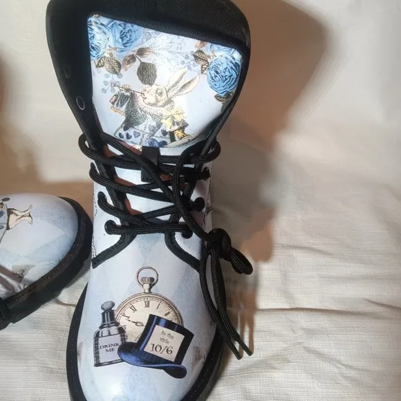 Blue Alice in Wonderland Boots White Rabbit Mad Hatter Combat Boots Size 38 7