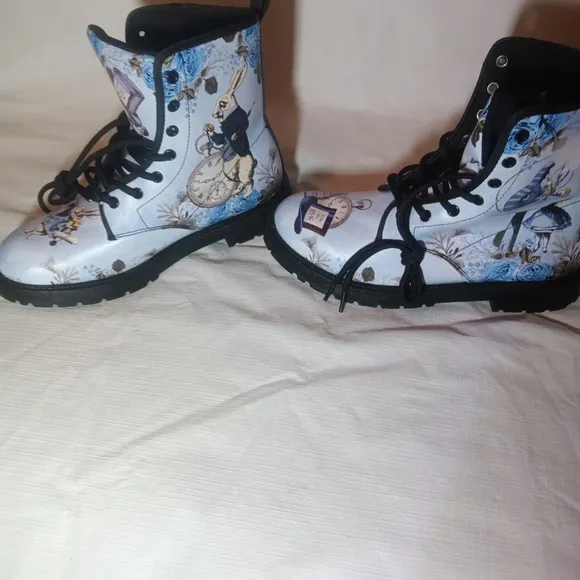 Blue Alice in Wonderland Boots White Rabbit Mad Hatter Combat Boots Size 38 7