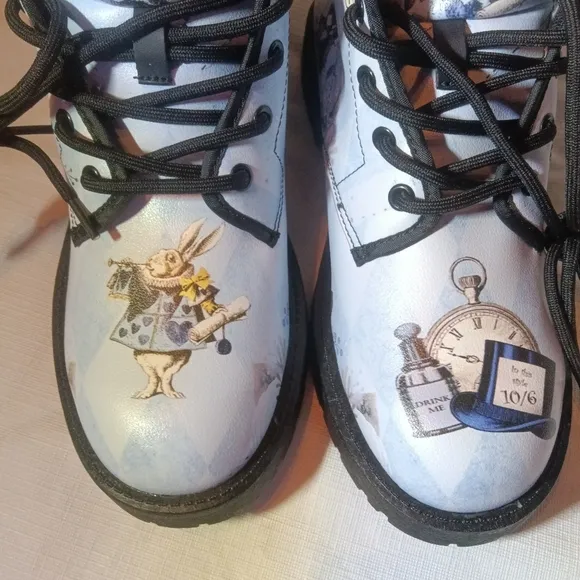 Blue Alice in Wonderland Boots White Rabbit Mad Hatter Combat Boots Size 38 7