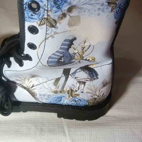 Blue Alice in Wonderland Boots White Rabbit Mad Hatter Combat Boots Size 38 7