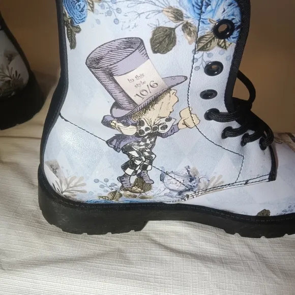 Blue Alice in Wonderland Boots White Rabbit Mad Hatter Combat Boots Size 38 7