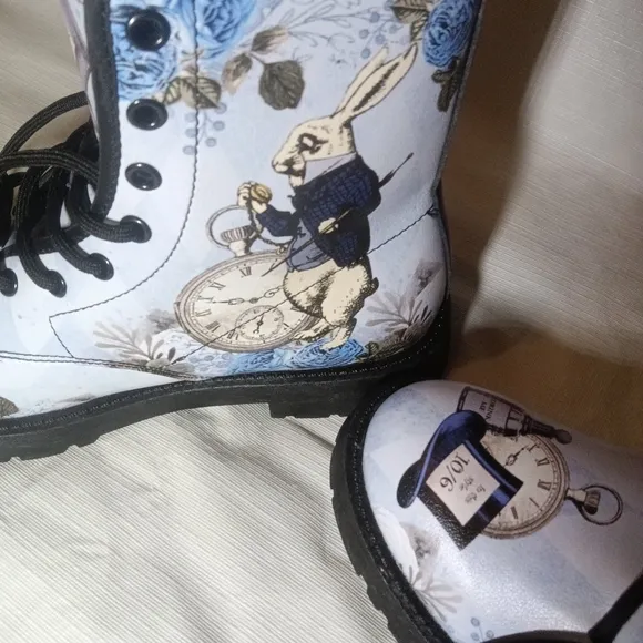 Blue Alice in Wonderland Boots White Rabbit Mad Hatter Combat Boots Size 38 7