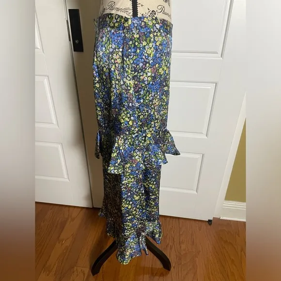 BODEN Satin Ruffle Midi Skirt - Nebulas Blue Floral Print