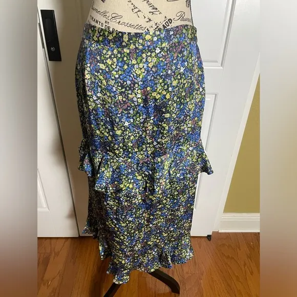 BODEN Satin Ruffle Midi Skirt - Nebulas Blue Floral Print