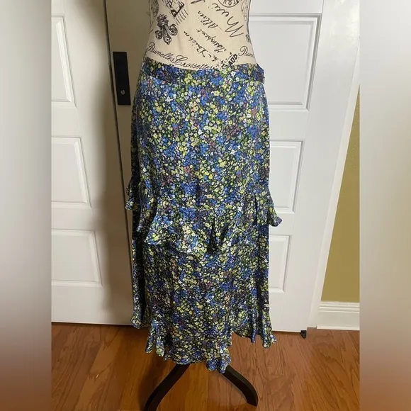 BODEN Satin Ruffle Midi Skirt - Nebulas Blue Floral Print