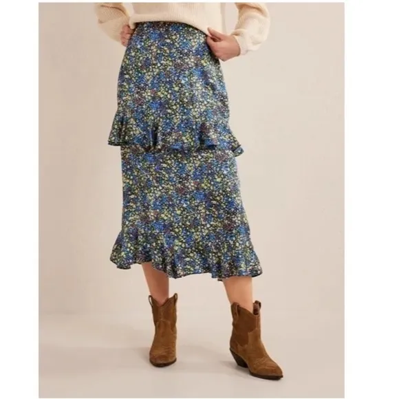 BODEN Satin Ruffle Midi Skirt - Nebulas Blue Floral Print