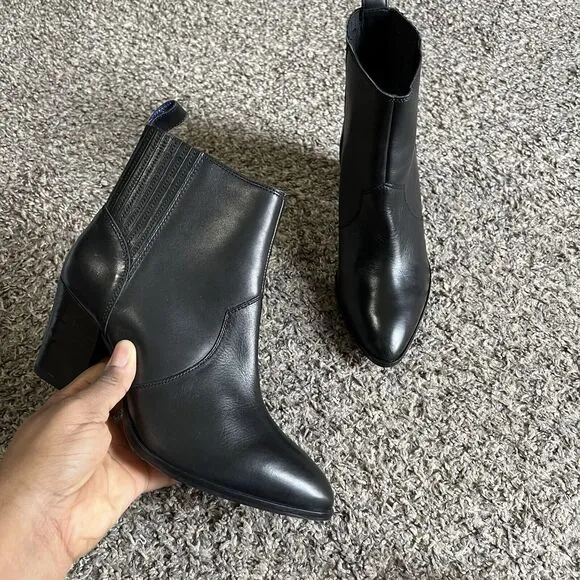 Boden Western Ankle Boots Black Leather Block Heel Pointed Toe Size 39 US 8 NEW