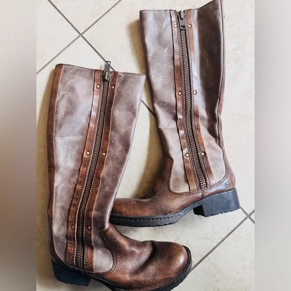 Born Brown Knee-High Leather Boots with Zipper Detail
