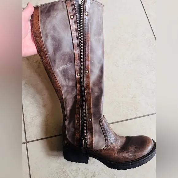 Born Brown Knee-High Leather Boots with Zipper Detail