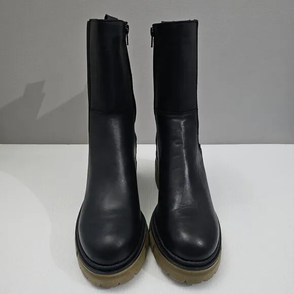 Bos. &amp; Co. Brunas Boot Mid Calf Elasticated Chunky Lug Sole Black Leather EU 41