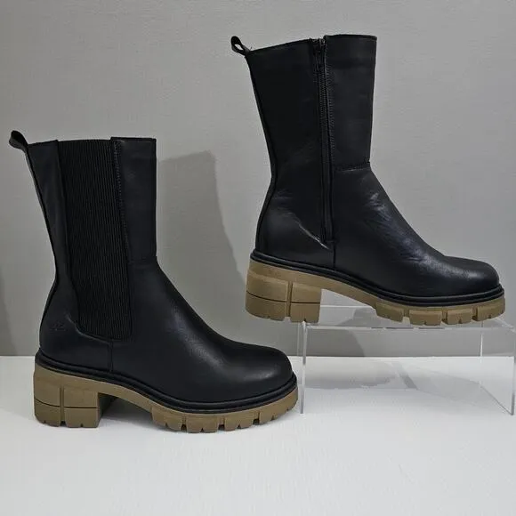 Bos. &amp; Co. Brunas Boot Mid Calf Elasticated Chunky Lug Sole Black Leather EU 41