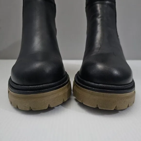 Bos. &amp; Co. Brunas Boot Mid Calf Elasticated Chunky Lug Sole Black Leather EU 41