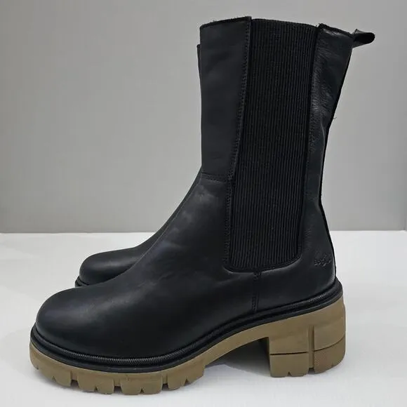 Bos. &amp; Co. Brunas Boot Mid Calf Elasticated Chunky Lug Sole Black Leather EU 41