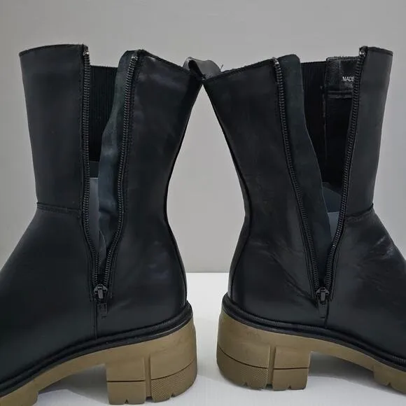 Bos. &amp; Co. Brunas Boot Mid Calf Elasticated Chunky Lug Sole Black Leather EU 41