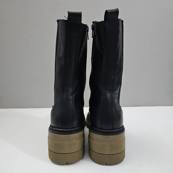 Bos. &amp; Co. Brunas Boot Mid Calf Elasticated Chunky Lug Sole Black Leather EU 41