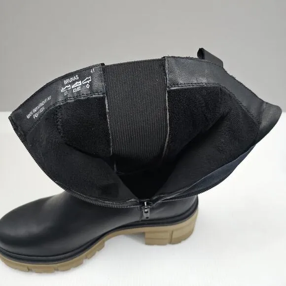 Bos. &amp; Co. Brunas Boot Mid Calf Elasticated Chunky Lug Sole Black Leather EU 41