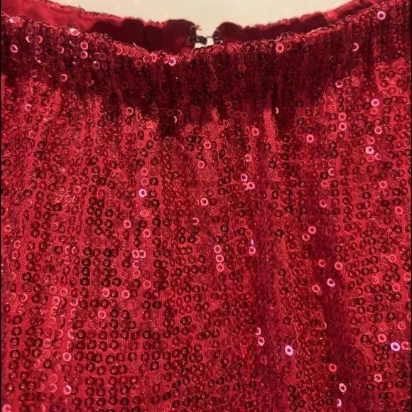👗🔴Boston Proper Red Sequin Dress Off Shoulder With Bell Sleeves Size 6 Padded
