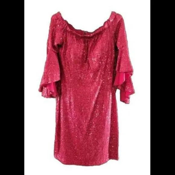 👗🔴Boston Proper Red Sequin Dress Off Shoulder With Bell Sleeves Size 6 Padded