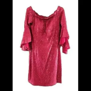 👗🔴Boston Proper Red Sequin Dress Off Shoulder With Bell Sleeves Size 6 Padded
