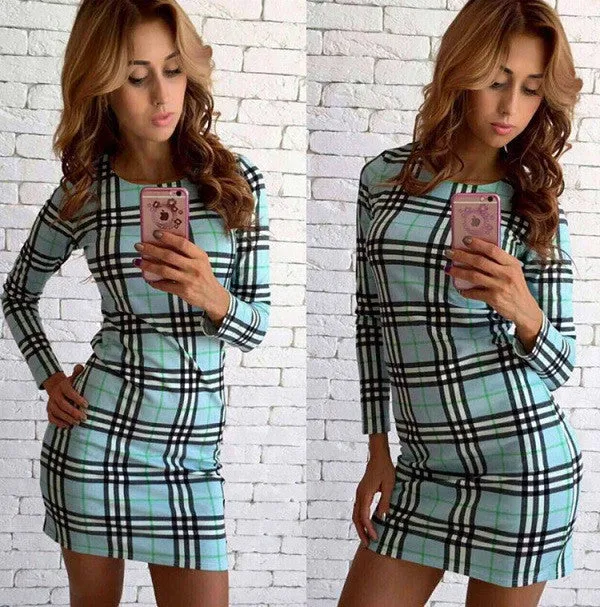 Brand Autumn Winter Dress Fashion trends Plaid Printed Dress Slim Package hip Casual Dress Women Dresses Vestidos