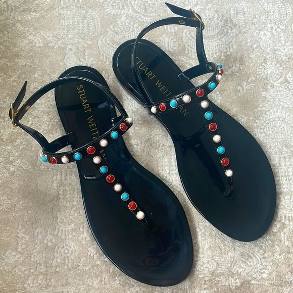 Brand New Stuart Weitzman Gemstone Beaded Thong Jelly Sandals Slingback Black
