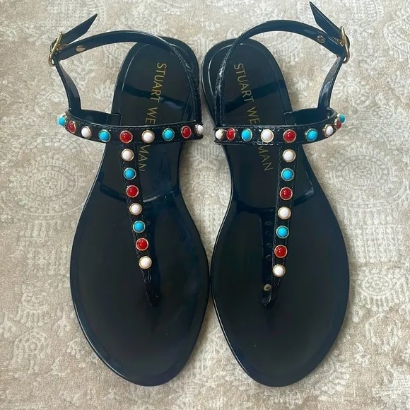 Brand New Stuart Weitzman Gemstone Beaded Thong Jelly Sandals Slingback Black