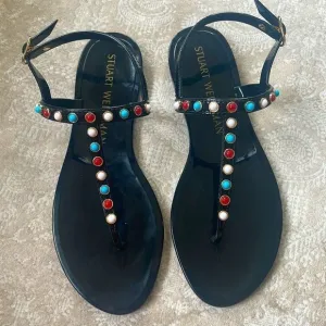 Brand New Stuart Weitzman Gemstone Beaded Thong Jelly Sandals Slingback Black