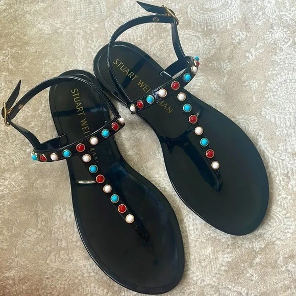 Brand New Stuart Weitzman Gemstone Beaded Thong Jelly Sandals Slingback Black