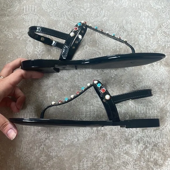 Brand New Stuart Weitzman Gemstone Beaded Thong Jelly Sandals Slingback Black
