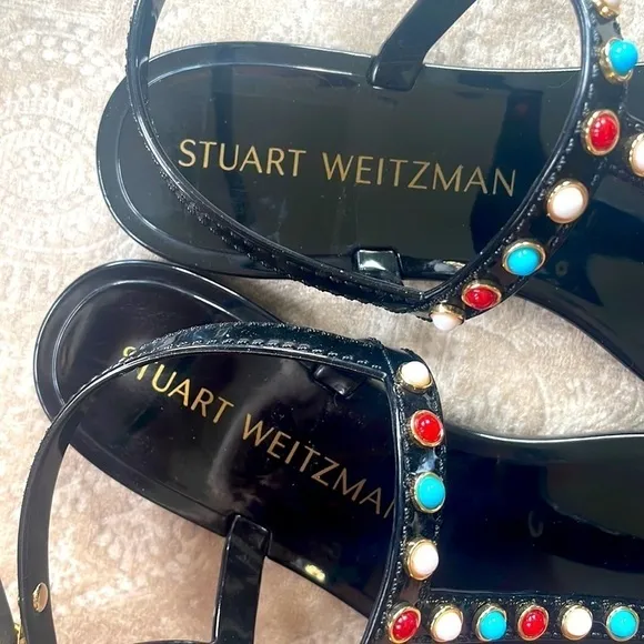 Brand New Stuart Weitzman Gemstone Beaded Thong Jelly Sandals Slingback Black