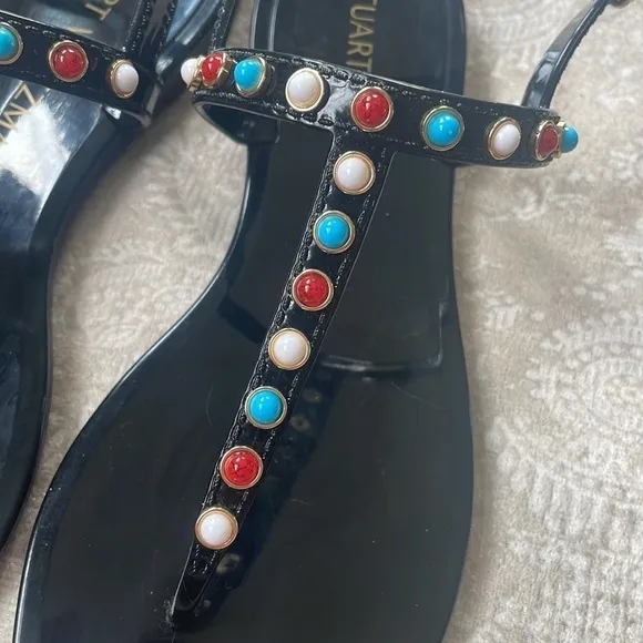 Brand New Stuart Weitzman Gemstone Beaded Thong Jelly Sandals Slingback Black