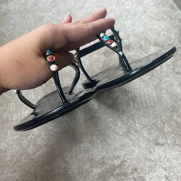 Brand New Stuart Weitzman Gemstone Beaded Thong Jelly Sandals Slingback Black