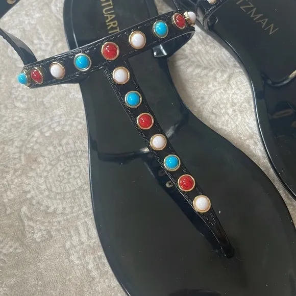 Brand New Stuart Weitzman Gemstone Beaded Thong Jelly Sandals Slingback Black