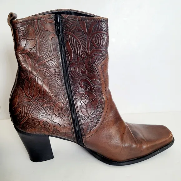 Brown Embossed Leather Ankle Boots