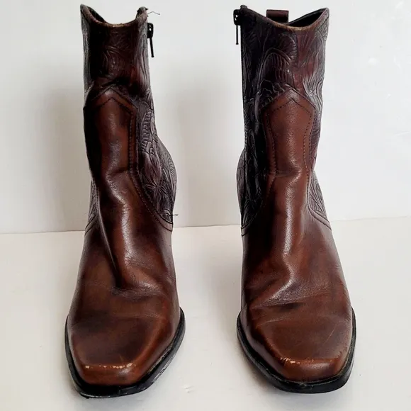 Brown Embossed Leather Ankle Boots