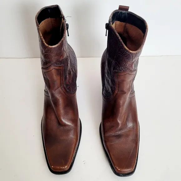Brown Embossed Leather Ankle Boots