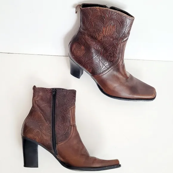 Brown Embossed Leather Ankle Boots
