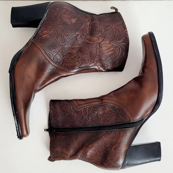 Brown Embossed Leather Ankle Boots