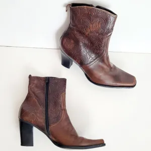 Brown Embossed Leather Ankle Boots