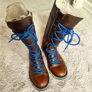 Brown Leather Boots with Blue Laces