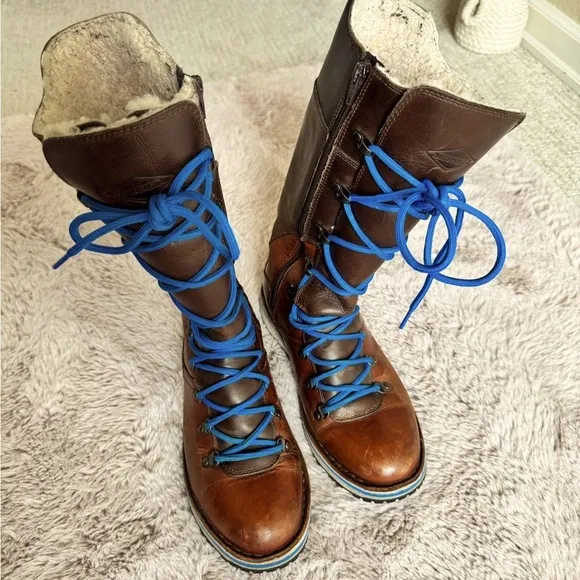 Brown Leather Boots with Blue Laces
