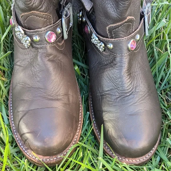 Brown Leather Cowboy Biker Moto Rare Pink Bling Boots 9 fit like 8.5