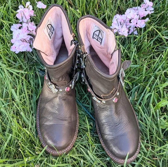Brown Leather Cowboy Biker Moto Rare Pink Bling Boots 9 fit like 8.5