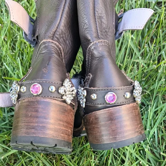 Brown Leather Cowboy Biker Moto Rare Pink Bling Boots 9 fit like 8.5