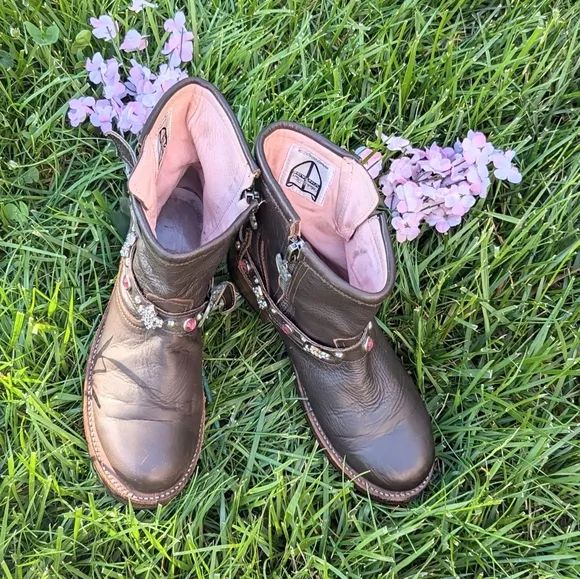 Brown Leather Cowboy Biker Moto Rare Pink Bling Boots 9 fit like 8.5