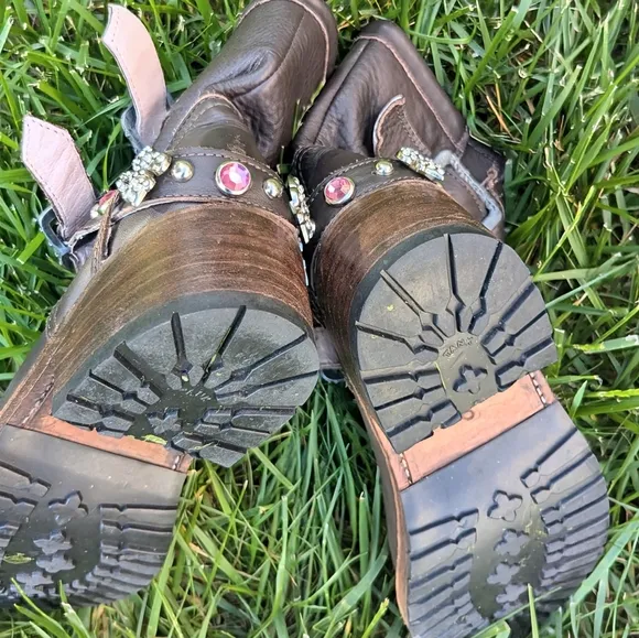 Brown Leather Cowboy Biker Moto Rare Pink Bling Boots 9 fit like 8.5